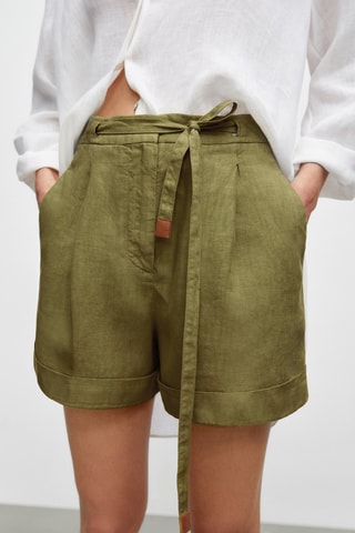 Bermuda lin nœud détail cuir - Kaki