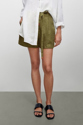 Bermuda lin nœud détail cuir - Kaki