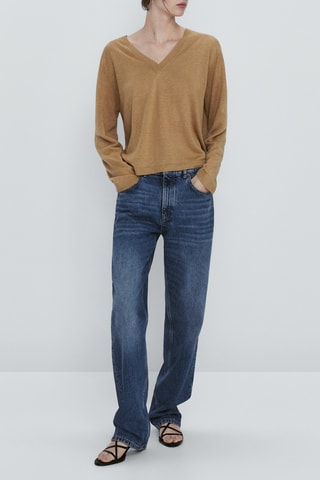 Pull 100% lin col V - Marron clair