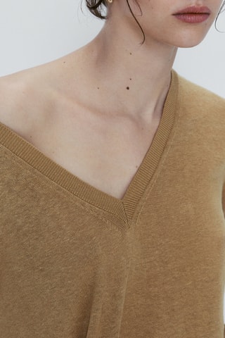 Pull 100% lin col V - Marron clair