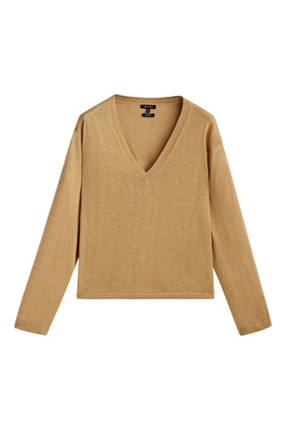 Pull 100% lin col V - Marron clair