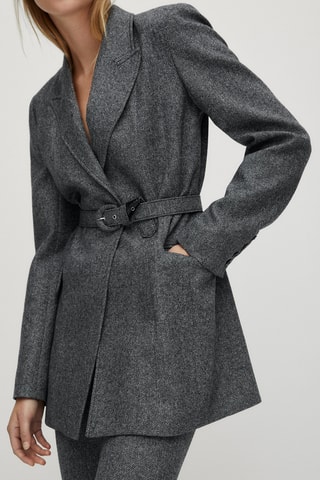 Veste de costume motif chevrons ceinture - Gris chiné