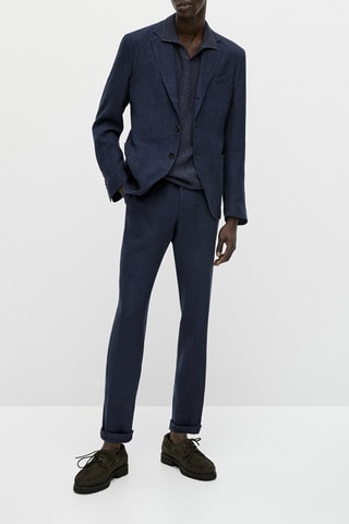 Veste de costume motif pied-de-poule en lin - Bleu marine chiné