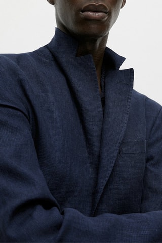 Veste de costume motif pied-de-poule en lin - Bleu marine chiné