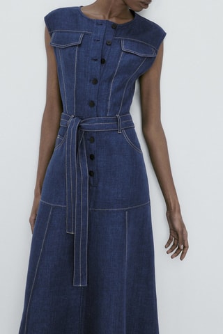 Robe en lin sans manches surpiqûres - Bleu marine