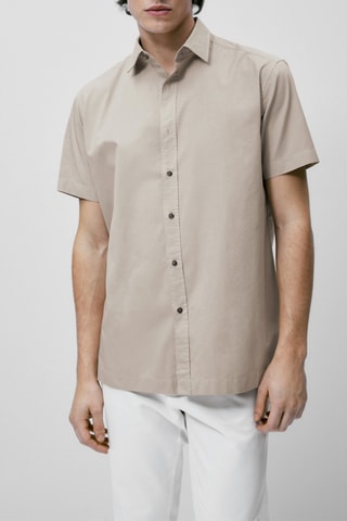 Chemise en sergé de coton à manches courtes - Beige
