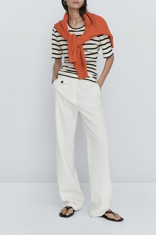 T-shirt rayé en lin manches courtes - Ecru