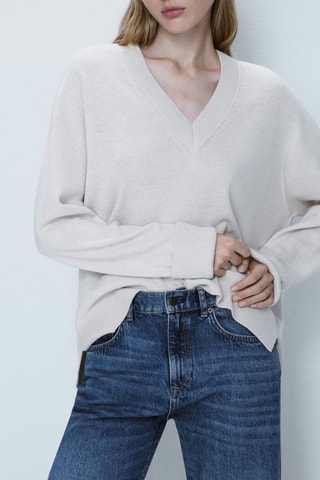 Pull en laine col en V- Ecru
