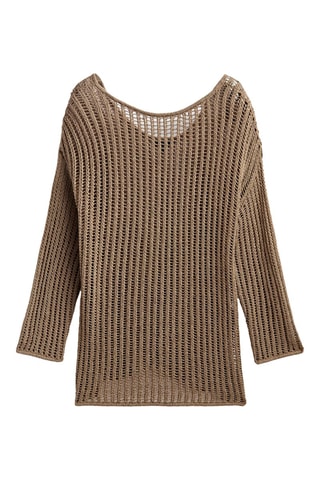 Pull long maille ajourée - Marron clair