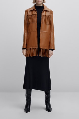 Veste en cuir d’agneau à franges - Studio - Camel