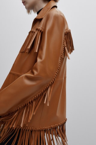 Veste en cuir d’agneau à franges - Studio - Camel