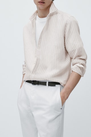 Chemise rayée coupe slim en lin mélangé avec 10% de coton - Beige