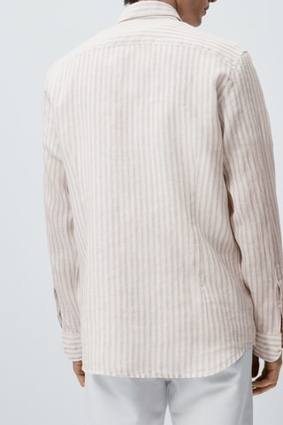 Chemise rayée coupe slim en lin mélangé avec 10% de coton - Beige