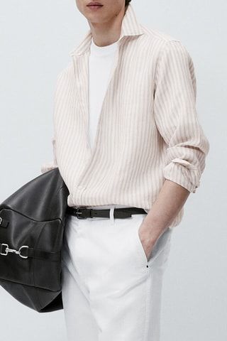 Chemise rayée coupe slim en lin mélangé avec 10% de coton - Beige