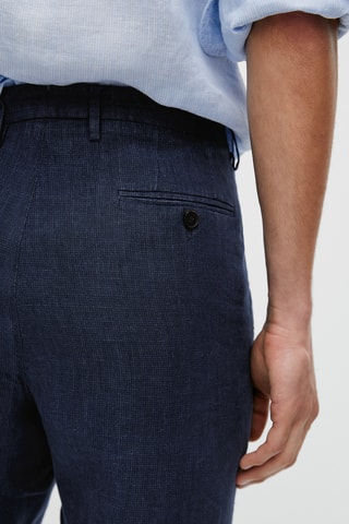 Pantalon de costume bleu motif pied-de-poule lin - Bleu