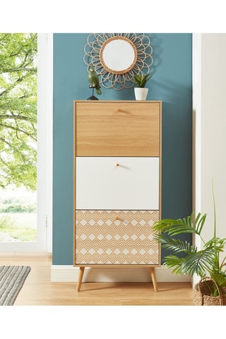 Meuble à chaussures 3 abattants Leika - Imitation bois et blanc