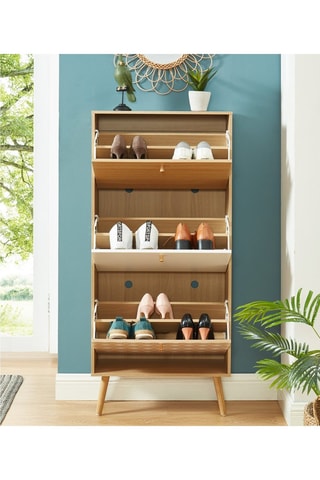 Meuble à chaussures 3 abattants Leika - Imitation bois et blanc