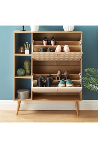 Meuble à chaussures 2 abattants Leika - Imitation bois et blanc