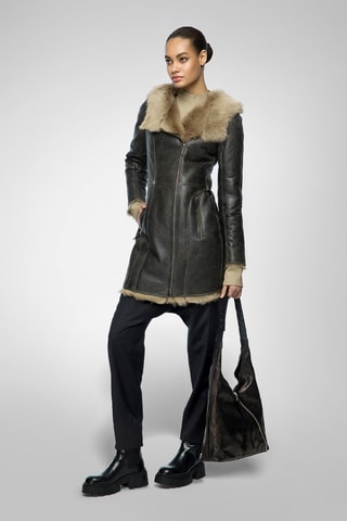 Sobretudo com capuz em pele de borrego - Bege e preto