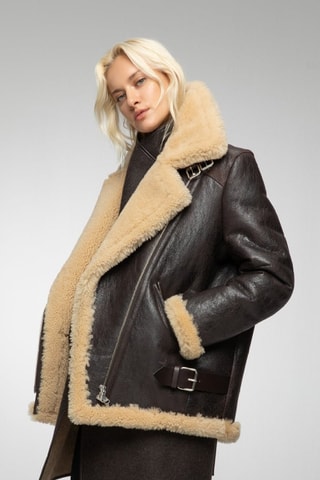 Casaco em lã de carneiro - Castanho e bege