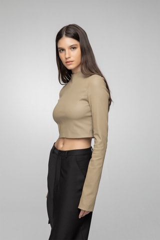 Crop top de couro de cordeiro Bege-escuro
