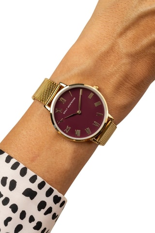 Stalen Quartz Horloge - Goudkleurig en Bordeauxrood - Victoria Walls