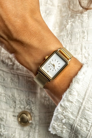 Stalen Quartz Horloge met Diamant - Goudkleurig en Wit