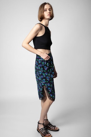 Jupe droite en soie - Noir et turquoise