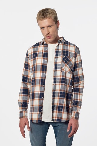 Chemise en coton biologique Tapis Bleu marine et camel