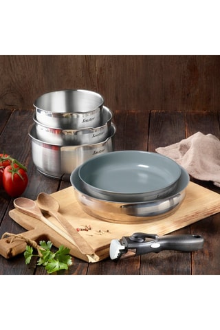 3 casseruole, 2 padelle in acciaio inossidabile rivestimento ceramica e 1 manico amovibile