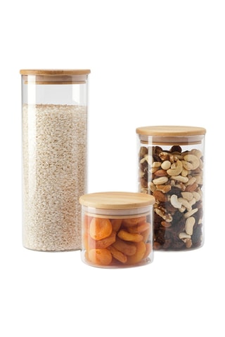 3 barattoli in vetro borosilicato con coperchi in bambù - 50 cl, 1 e 1,5 l