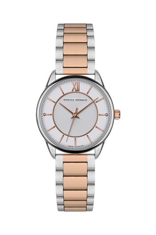 Stalen en Diamanten Quartz Horloge - Zilverkleurig en Roségoudkleurig - Monica Monaco