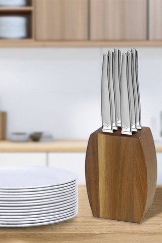 Houten Messenblok met 6 Roestvrijstalen Vleesmessen