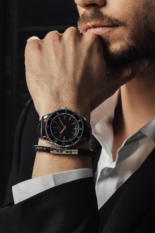 Montre à quartz en cuir - Noir et argenté