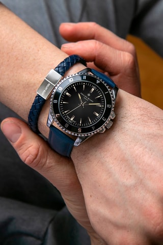 Montre à quartz en cuir - Bleu foncé et argenté