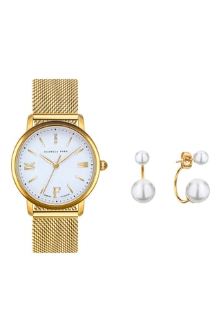 Coffret montre à quartz en acier, diamant et boucles d’oreilles et perles fine Selene