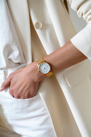 Coffret montre à quartz en acier, diamant et boucles d’oreilles et perles fine Selene