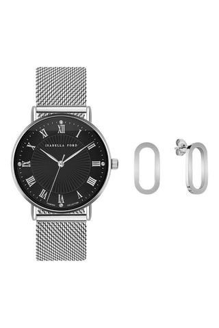 Coffret montre à quartz en acier, diamants et boucles d’oreilles Désirée