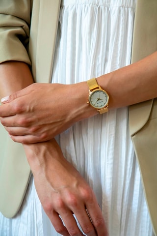 Coffret montre à quartz en acier, nacre, diamants et boucles d’oreilles Capri