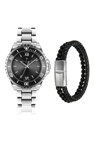 Montre à quartz en acier et bracelet en cuir - Tachymètre - Argenté et noir