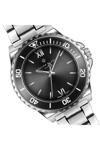 Montre à quartz en acier et bracelet en cuir - Tachymètre - Argenté et noir