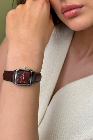 Montre à quartz en cuir, plaqué ion argent et diamant Olympe