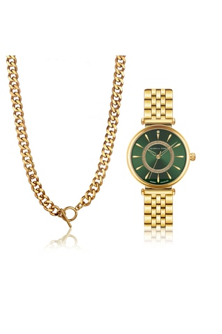 Coffret montre à quartz en plaqué ion or jaune et diamant et collier Nathalle