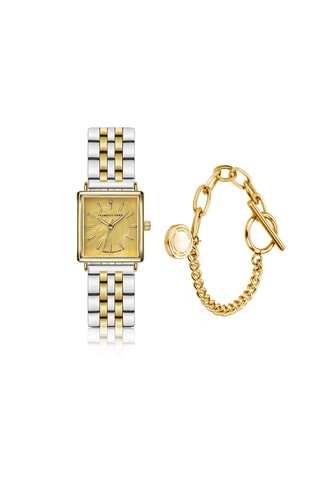 Coffret montre à quartz en plaqué ion or jaune, plaqué ion argent, nacre et diamant et gourmette Gisèle