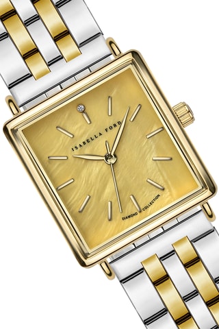 Coffret montre à quartz en plaqué ion or jaune, plaqué ion argent, nacre et diamant et gourmette Gisèle