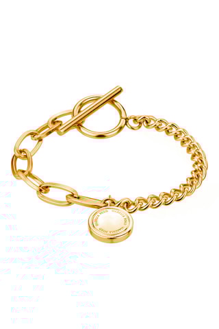 Coffret montre à quartz en plaqué ion or jaune, plaqué ion argent, nacre et diamant et gourmette Gisèle