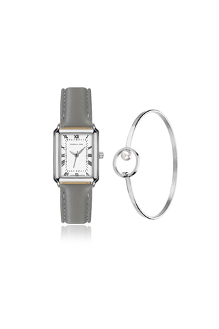 Coffret montre à quartz en cuir, plaqué ion argent et diamant et jonc Netty