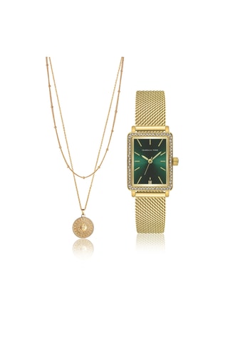 Coffret montre à quartz en plaqué ion or jaune et diamants et collier multi rang Zélie
