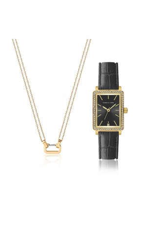 Coffret montre à quartz en cuir, plaqué ion or jaune et diamants et collier Adélaïde