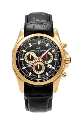 Leren Quartz Horloge Volcan - Tachymeter & Chronograaf - Zwart en Goudkleurig